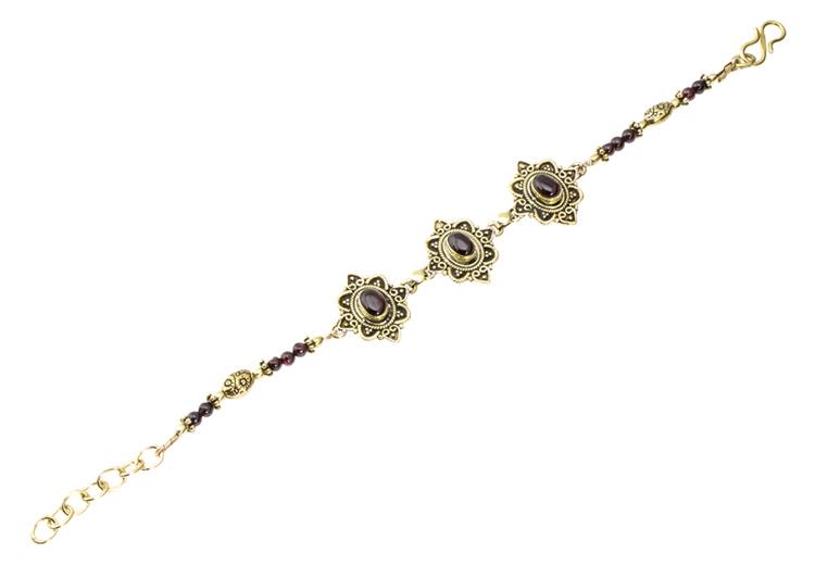 Messing Armband golden oval Raute Herzen Bögen Granat rund 18-20,5 cm Perlen