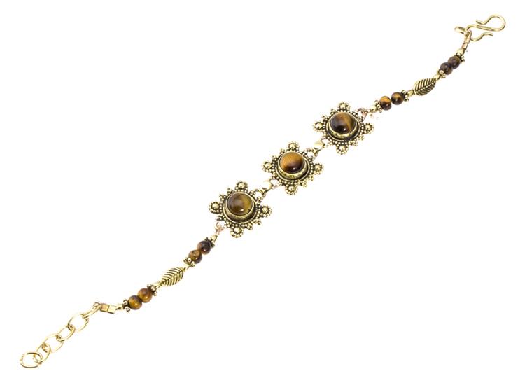 Messing Armband golden eckig rund Kreise Spitzen Tigerauge 17-19,5 cm Blatt Perlen