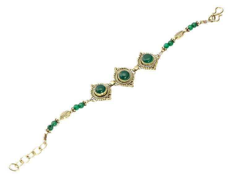 Messing Armband golden Mandel rund Punkte Blatt Jade 17-19,5 cm Perlen