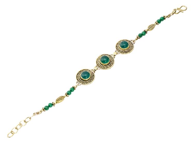 Messing Armband golden rund Seil Spiralen Blatt Jade 17,5-20 cm Perlen