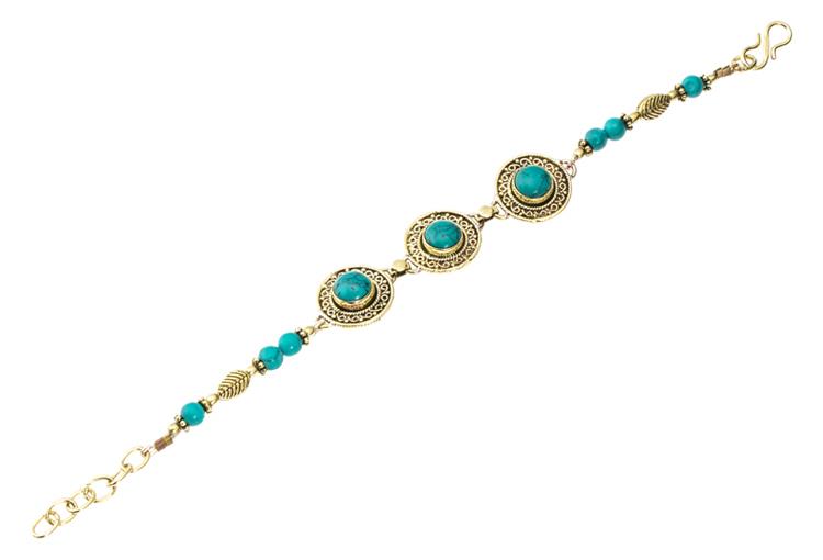 Messing Armband golden rund Seil Spiralen Blatt Türkis 17,5-20 cm Perlen