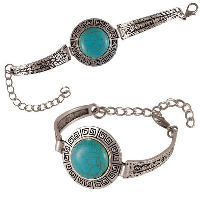 Silbern Brass Armband Türkis antik Perle Spiralen Muster  rund 14-21 cm verstellbar
