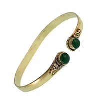 Load image into Gallery viewer, Messing Armreif golden grün Jade rund acht Zopfrand nickelfrei verstellbar antik Tribal Schmuck
