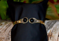 Cargar imagen en el visor de la galería, Messing Armreif golden Onyx rund Spirale Zopfrand verstellbar antik Tribal Schmuck
