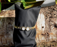 Load image into Gallery viewer, Messing Armreif golden Mondstein rund acht Zopfrand nickelfrei verstellbar antik Tribal Schmuck
