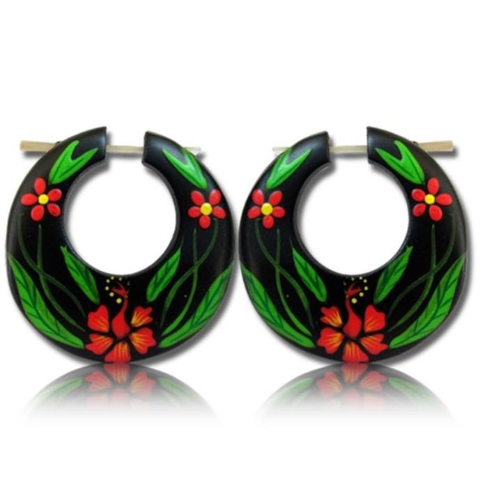 Holz Pin Ohrringe 38 mm breit Hawaii Blumen rot grün Creolen Horn schwarz handgeschnitzt handbemalt
