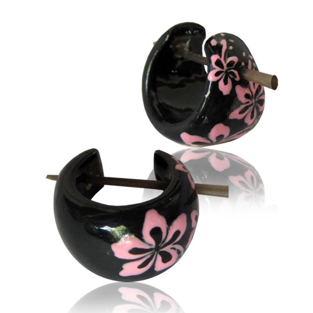 Blumen Hawaii pink Holzcreolen Pin-Ohrringe Pin-Creolen Holz Horn Pin schwarz handbemalt 16 mm