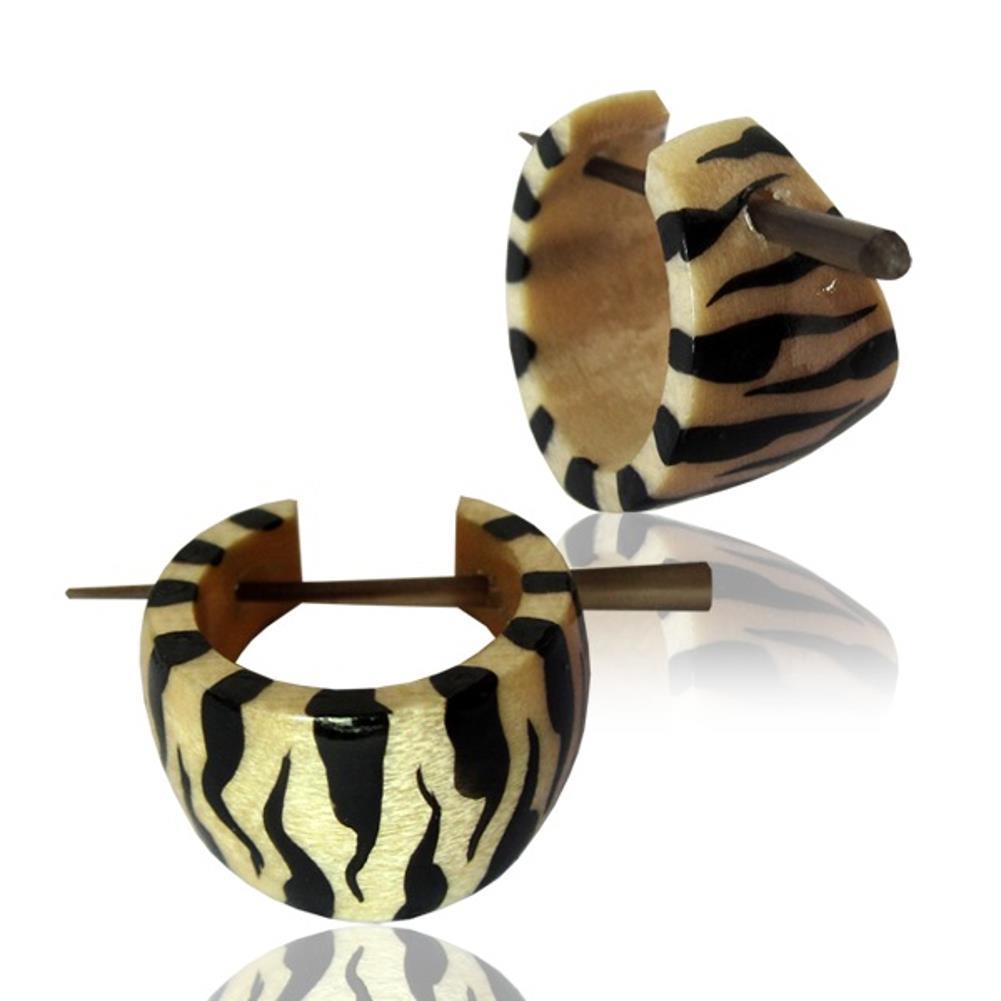 Tiger Holzcreolen weiß schwarz Pin-Ohrringe Pin-Creolen Holz Horn Pin handbemalt 16 mm