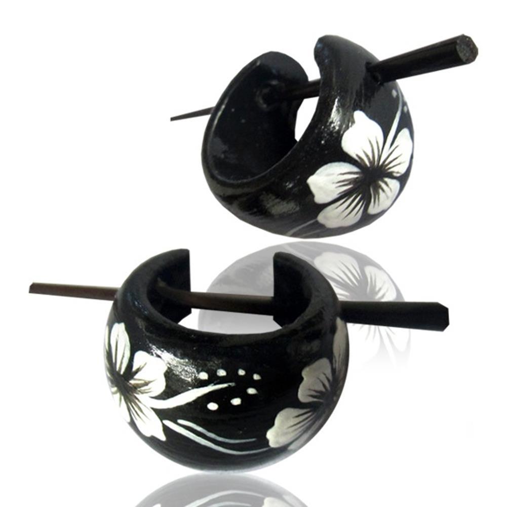 Hawaii Blumen Holzcreolen Pin-Ohrringe Pin-Creolen Holz Horn Pin schwarz weiß handbemalt 16 mm