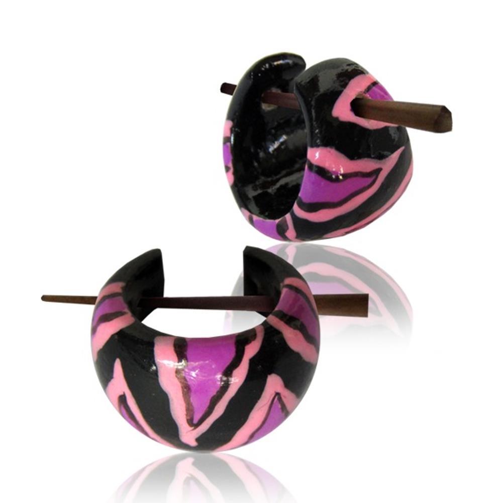 pink Holzcreolen violett Pin-Ohrringe Pin-Creolen Holz Zacken Horn Pin schwarz handbemalt 16 mm