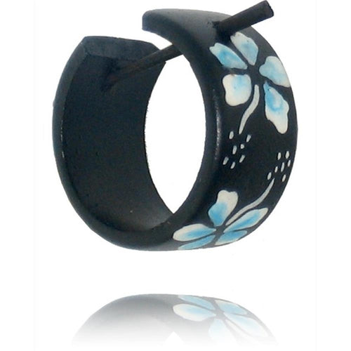 Holzcreolen Pin-Ohrringe Pin-Creolen Kokosholz Harz Damen Schmuck Blumen Hawaii Blau