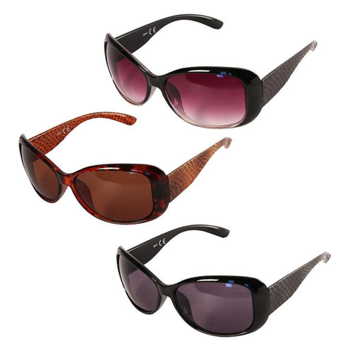 Three pairs of Sonnenbrille Damen Brille Schlangenhaut Animal Design: black/purple, tortoiseshell/brown, and black/dark gray—all with textured arms, glänzend getönt lenses, and 400 UV-Schutz.