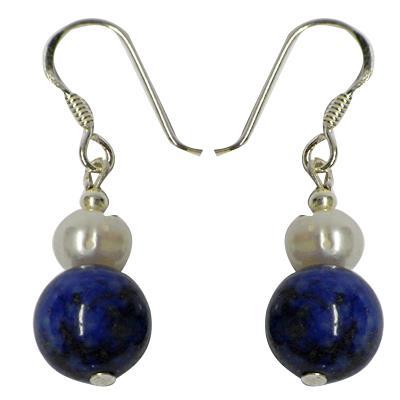 Perlen-Ohrringe, Blau und Weiß, aus Lapis, 925er Sterlingsilber-Bügel, ca.18mmØ