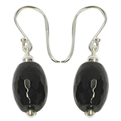 Ohrringe, Schwarz, aus Onyx, olivenförmig, 925er Sterlingsilber-Bügel, 3cm lang, 1cm breit