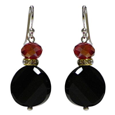 schwarz rot Perlenohrringe Onyx Glas Glitzerring 925er Sterlingsilber-Bügel ca. 17 mm Ø