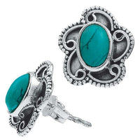 Cargar imagen en el visor de la galería, Ohrstecker Türkis oval, silber Rand Blume verschnörkelt Ohrringe 925er Sterlingsilber
