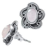 Cargar imagen en el visor de la galería, Ohrstecker weißer Stein Mondstein oval, silber Rand Blume Ohrringe 925er Sterlingsilber
