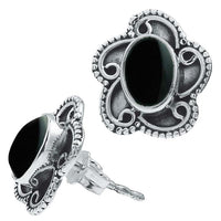 Cargar imagen en el visor de la galería, Ohrstecker schwarz Stein Onyx oval, silber Rand Blume verschnörkelt Ohrringe 925er Sterlingsilber
