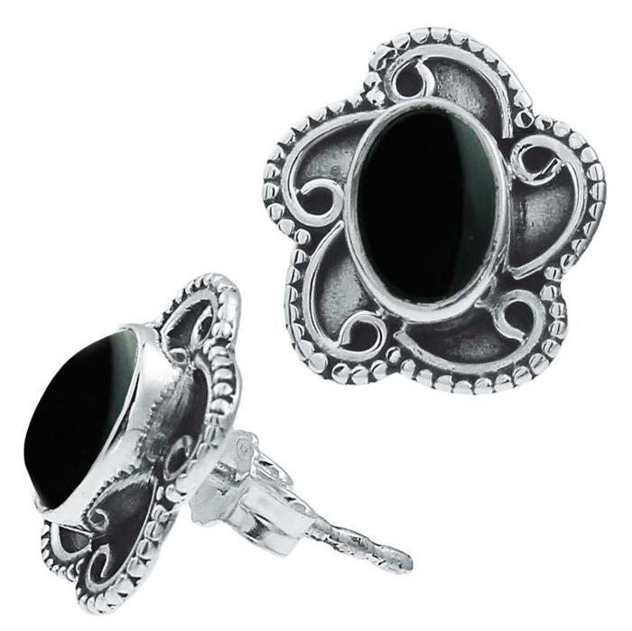 Ohrstecker schwarz Stein Onyx oval, silber Rand Blume verschnörkelt Ohrringe 925er Sterlingsilber