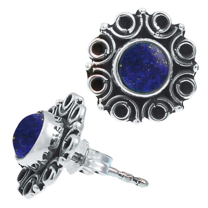 Ohrstecker blau Stein Lapis rund, silber Rand Blume Kreise Ohrringe 925er Sterlingsilber