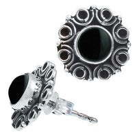 Cargar imagen en el visor de la galería, Ohrstecker schwarz Stein Onyx rund, silber Rand Blume Kreise Ohrringe 925er Sterlingsilber

