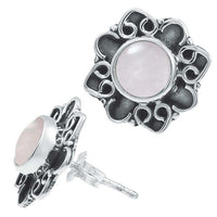 Cargar imagen en el visor de la galería, Ohrstecker weiß Mondstein rund, silber Rand Blume verschnörkelt Herz Ohrringe 925er Sterlingsilber
