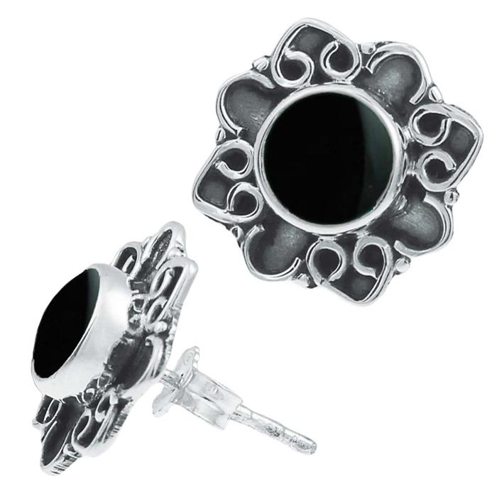 Ohrstecker schwarz Stein Onyx rund, silber Rand Blume verschnörkelt Herz 925er Sterlingsilber