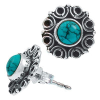 Cargar imagen en el visor de la galería, Ohrstecker Türkis Stein rund, silber Rand Blume Kreise Ohrringe 925er Sterlingsilber
