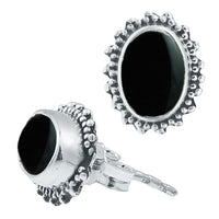 Load image into Gallery viewer, Silberohrstecker Onyx oval 10 mm Punkte Spitzen Rand 925er Sterling Silber
