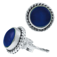 Load image into Gallery viewer, Ohrstecker Chalzedon blau rund Rand Zopfmuster 8 mm Ø  925er Sterling Silber
