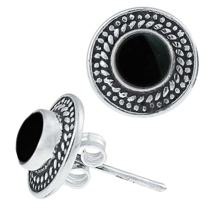 Ohrstecker Onyx rund Scheibe Kranz 10 mm Ø 925er Sterling Silber oxidiert