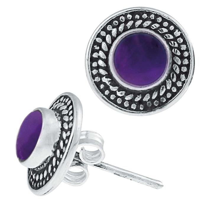 Ohrstecker Amethyst rund Scheibe Kranz 10 mm Ø 925er Sterling Silber oxidiert