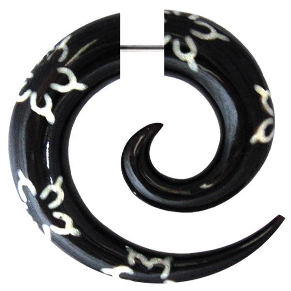 Tribal Fake Piercing, schwarze Spirale mit weißem Blumenmuster, handgeschnitzt aus Büffelhorn, 1mm, Edelstahlbügel