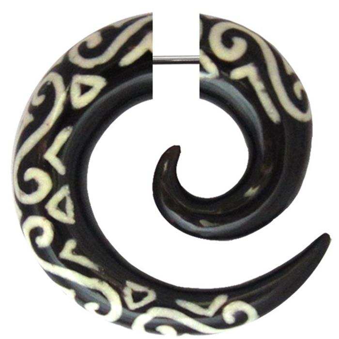 Tribal Fake Piercing, schwarze Spirale mit weißem Muster, handgeschnitzt aus Büffelhorn, 1mm, Edelstahlbügel