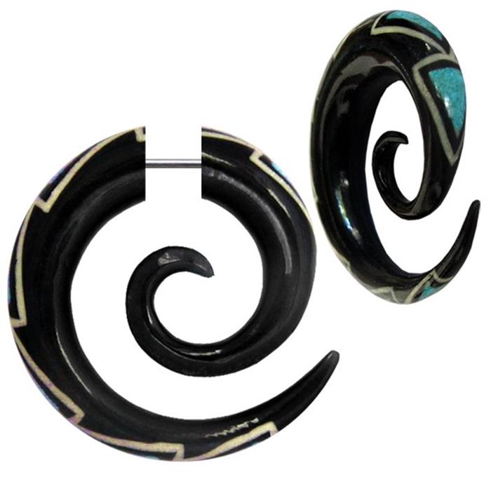 Fake Piercing, Buffalo Horn Achat Spirale, schwarz mit türkisfarbenem Zickzackmuster, Expander, Ohrhänger, Ohrstecker, Ohrring