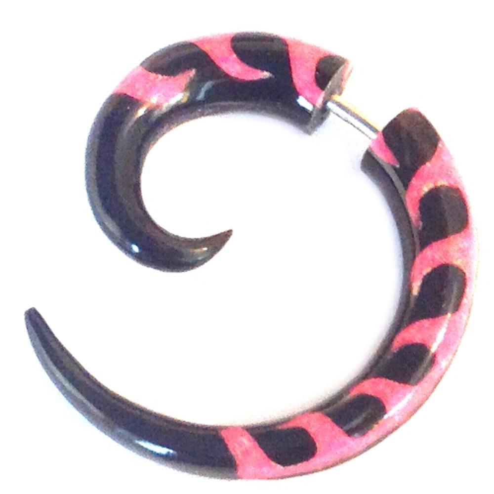 Fake Piercing Horn schwarz rosa Spirale Expander Ohrstecker Ohrring Wellen Muster Unisex