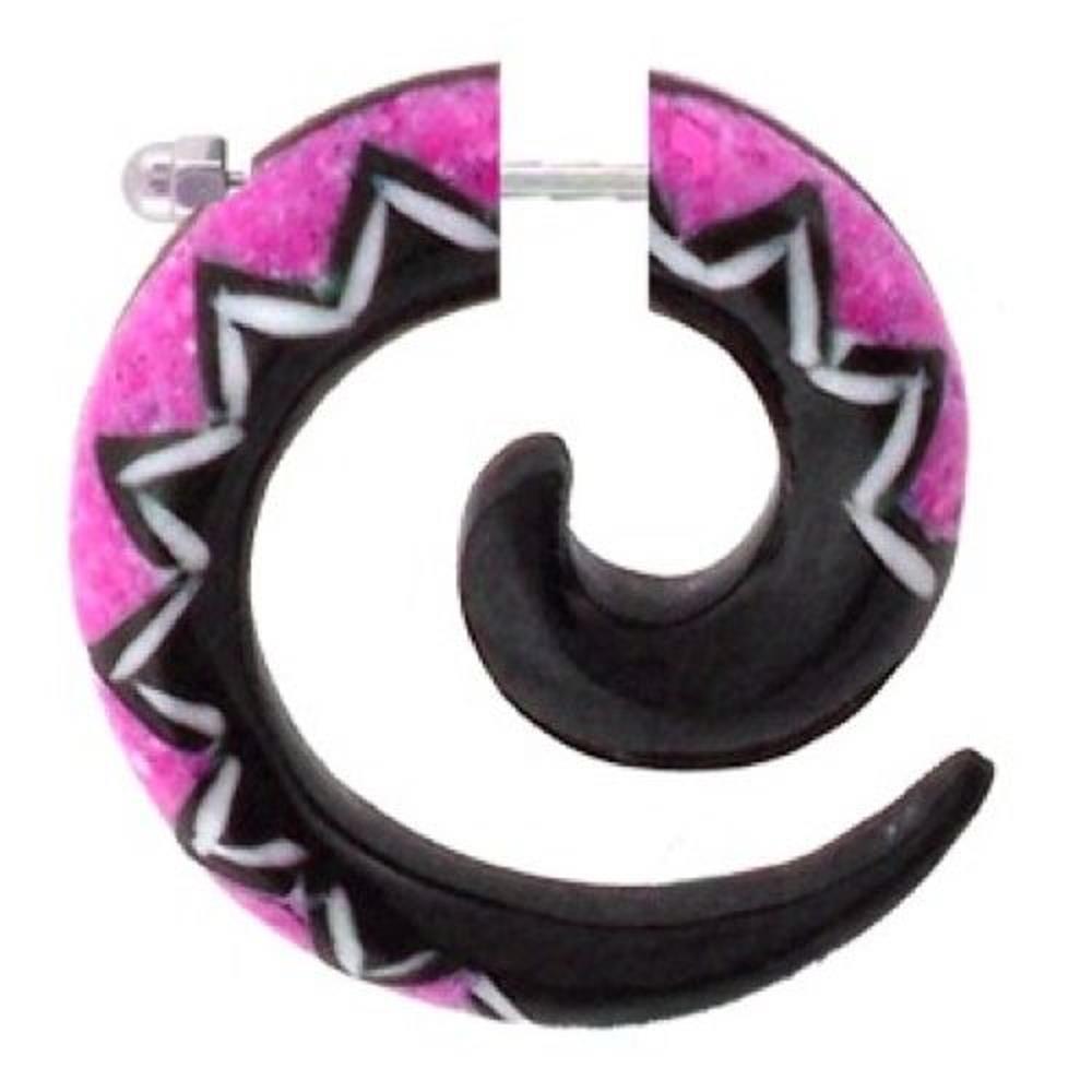 Fake Piercing, Buffalo Horn Achat Spirale, schwarz mit pinkem Zickzackmuster, Expander, Ohrhänger, Ohrstecker, Ohrring