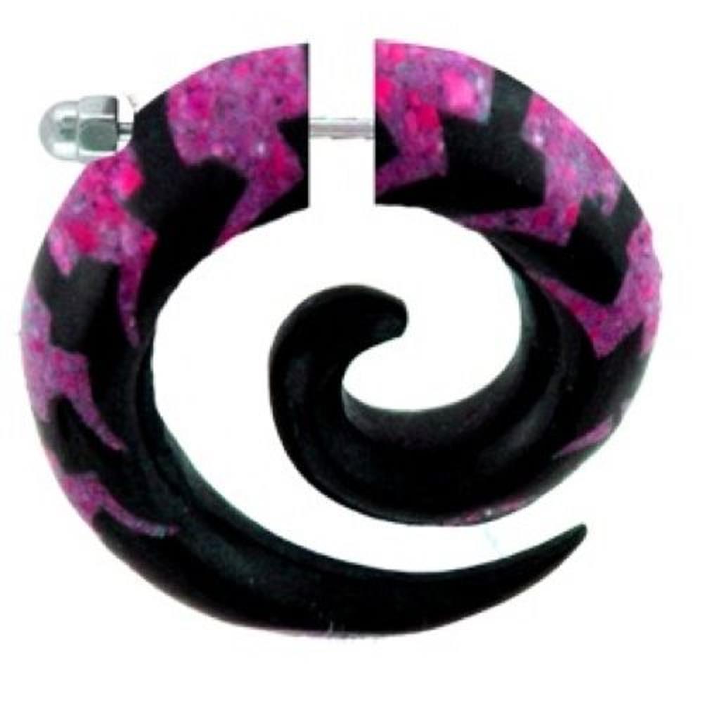 Fake Piercing, Buffalo Horn Achat Spirale, schwarz mit pinkem Muster, Expander, Ohrhänger, Ohrstecker, Ohrring