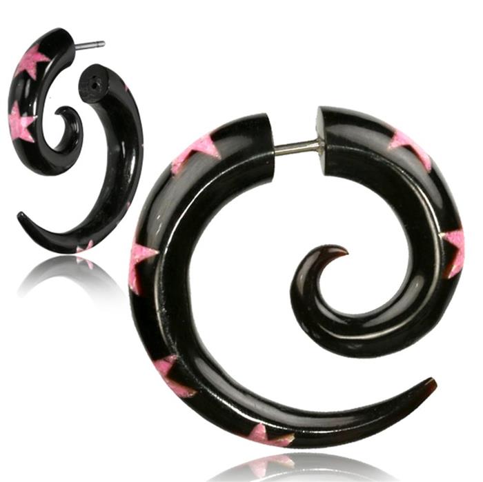 Fake Piercing, Buffalo Horn Sternen Spirale, schwarz mit pinken Sternen, Expander, Ohrhänger, Ohrstecker, Ohrring