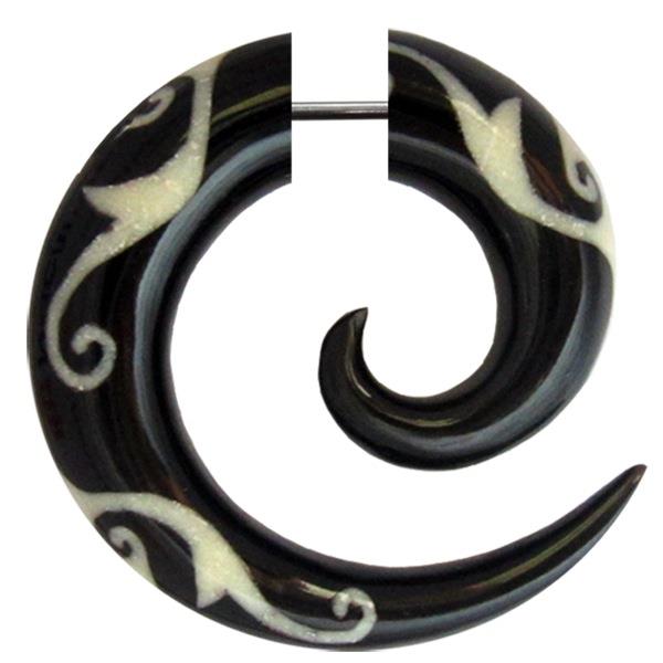 Fake Piercing, Horn Spirale, schwarz mit weißem Bone-Inlay, Expander, Ohrhänger, Ohrstecker, Ohrring