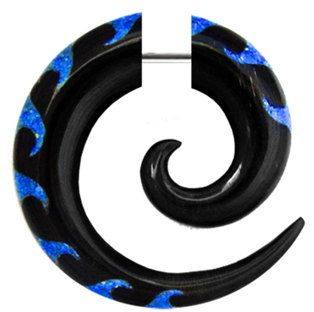 Fake Piercing, Horn Blue-Wave Spirale, schwarz mit blauen Wellen, Expander, Ohrhänger, Ohrstecker, Ohrring