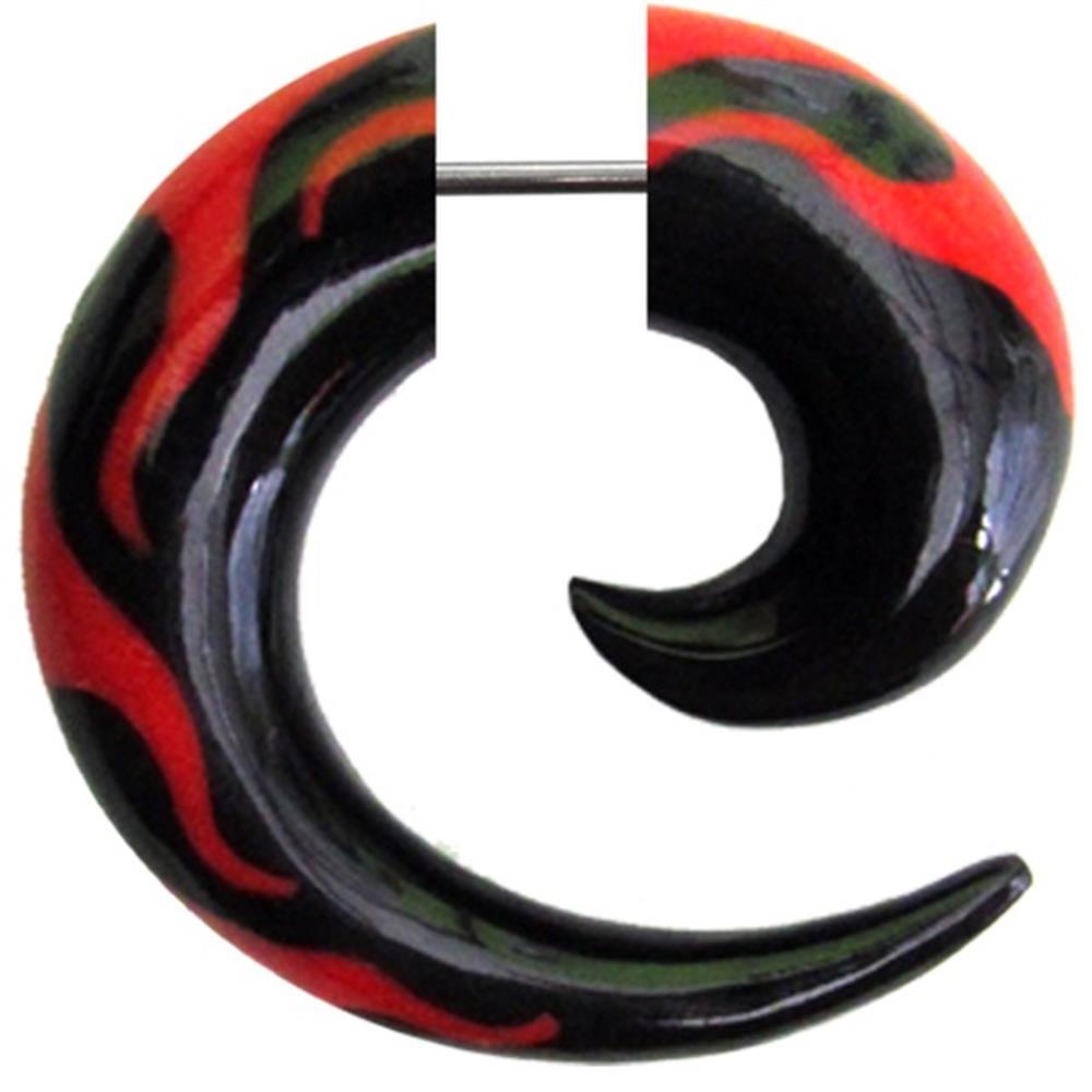 Fake Piercing Horn Flammen Spirale schwarz rot Flammen-Inlay Expander Ohrhänger Ohrstecker Ohrring