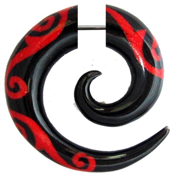 Fake Piercing,  Horn Spirale, schwarz mit rotem Bone-Inlay, Expander, Ohrhänger, Ohrstecker, Ohrring