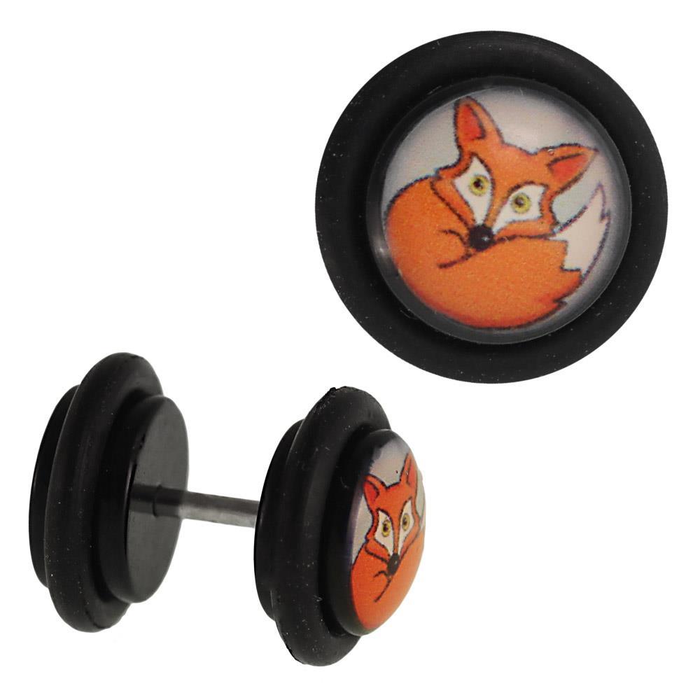 Fake Piercing Plug Tunnel Fuchs orange grüne Augen Acryl Gummiring 7 mm