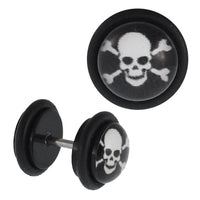 Load image into Gallery viewer, Fake Piercing Plug weißer Totenkopf mit Knochen überkreuzt  Acryl Gummiring 7 mm
