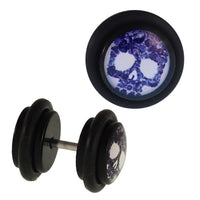 Load image into Gallery viewer, Fake Piercing Plug Totenkopf Blumen lila blau Augen groß weiß Acryl Gummiring 7 mm
