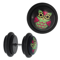 Load image into Gallery viewer, Fake Piercing Plug Tunnel Eule pink hellgrün große runde Augen Acryl Gummiring 7 mm
