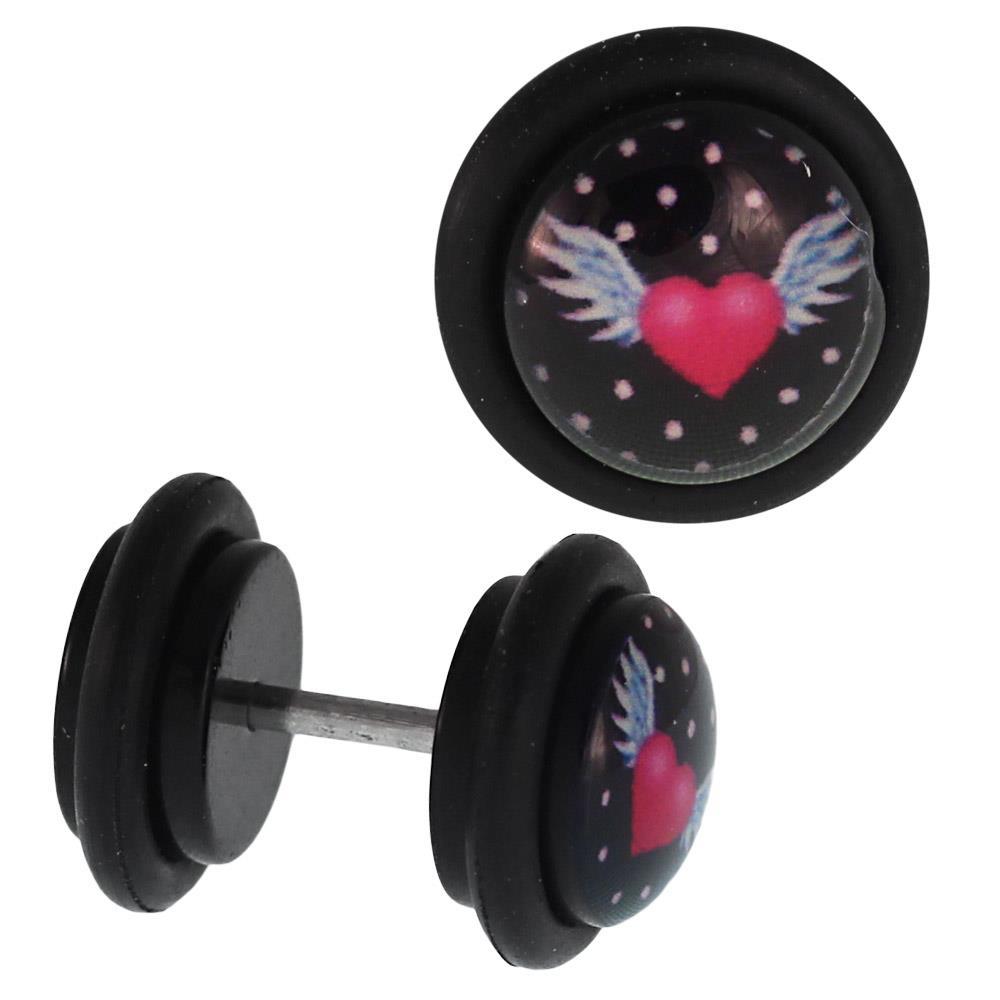 Fake Piercing Plug Herz pink weiße Flügel Punkte Hintergrund schwarz Gummiring 7 mm