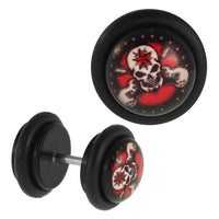 Load image into Gallery viewer, Fake Piercing Plug Tunnel Totenkopf rot Punkte Stern schwarz Gummiring 7 mm
