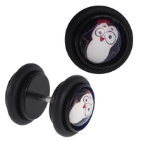 Load image into Gallery viewer, Fake Piercing Plug Tunnel Pinguin große Augen rote Schleife schwarz Gummiring 7 mm
